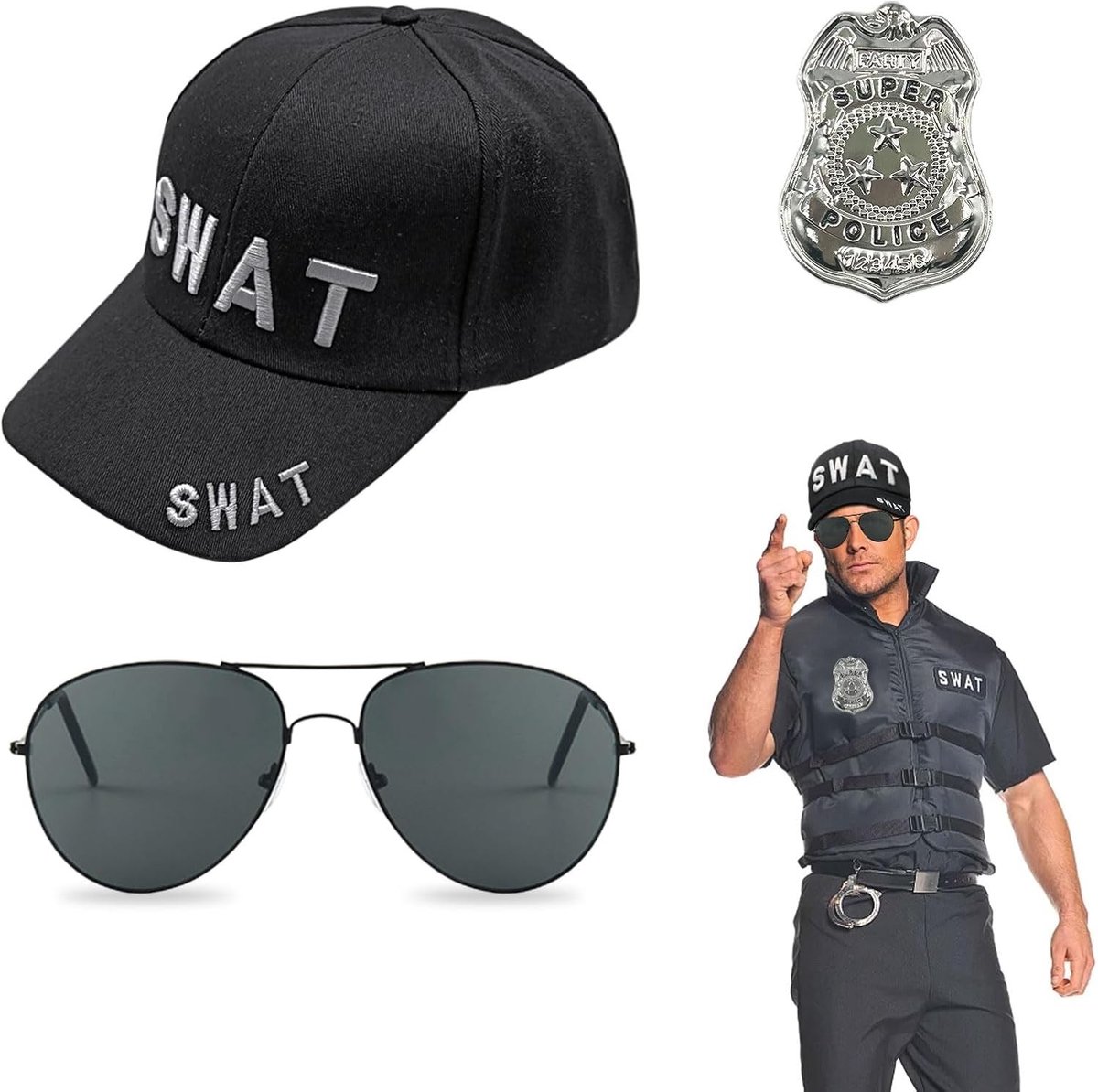 SWAT Kostuum Set met Veiligheidshelm, Zonnebril en Politiecap voor Rollenspel en Feestjes voor Volwassenen en Kinderen