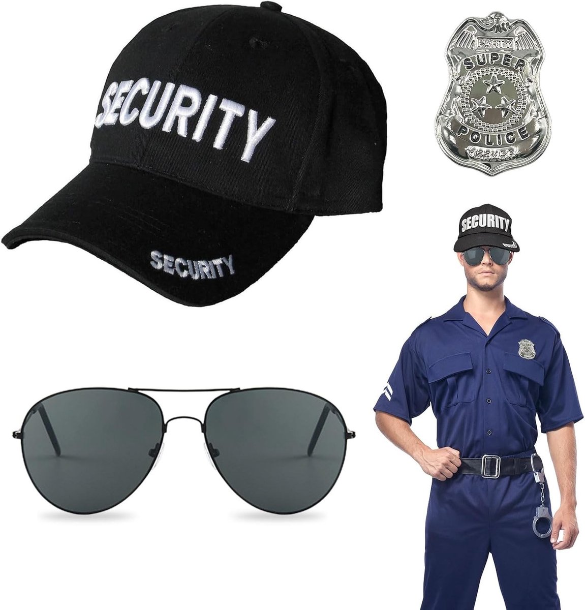 3-delige Politiekostuum Set met Veiligheidshelm, Zonnebril en Politie Badge voor Halloween en Verkleedfeest