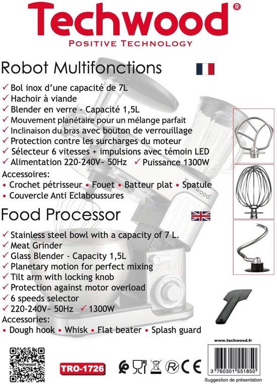SnelShoppen - Multifunctionele Keukenmachine 7L, 1300W, RVS Kom, Blender en Hakmolen voor Keuken, Roestvrij Staal, Perfect voor Koken en Bakken van Snelshoppen — afbeelding 2