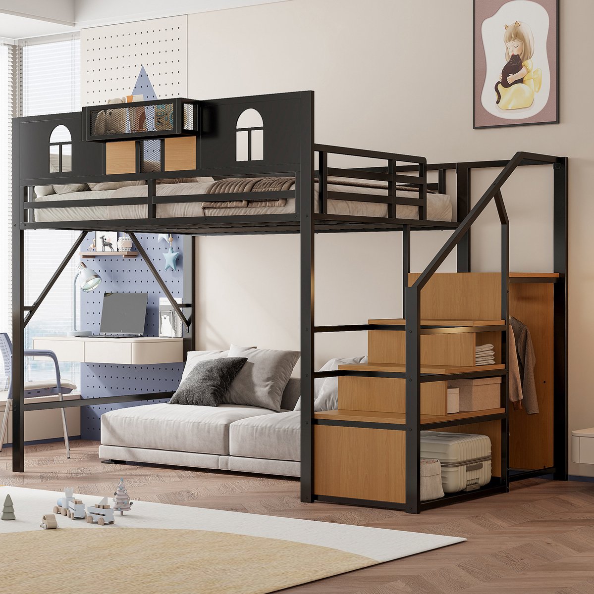 COVREO Hoogslaper met veiligheidsladder en opbergruimte – 140x200 cm – Metalen bedframe voor compacte kamers – 255x145,5x187 cm – Zwart - zonder matras