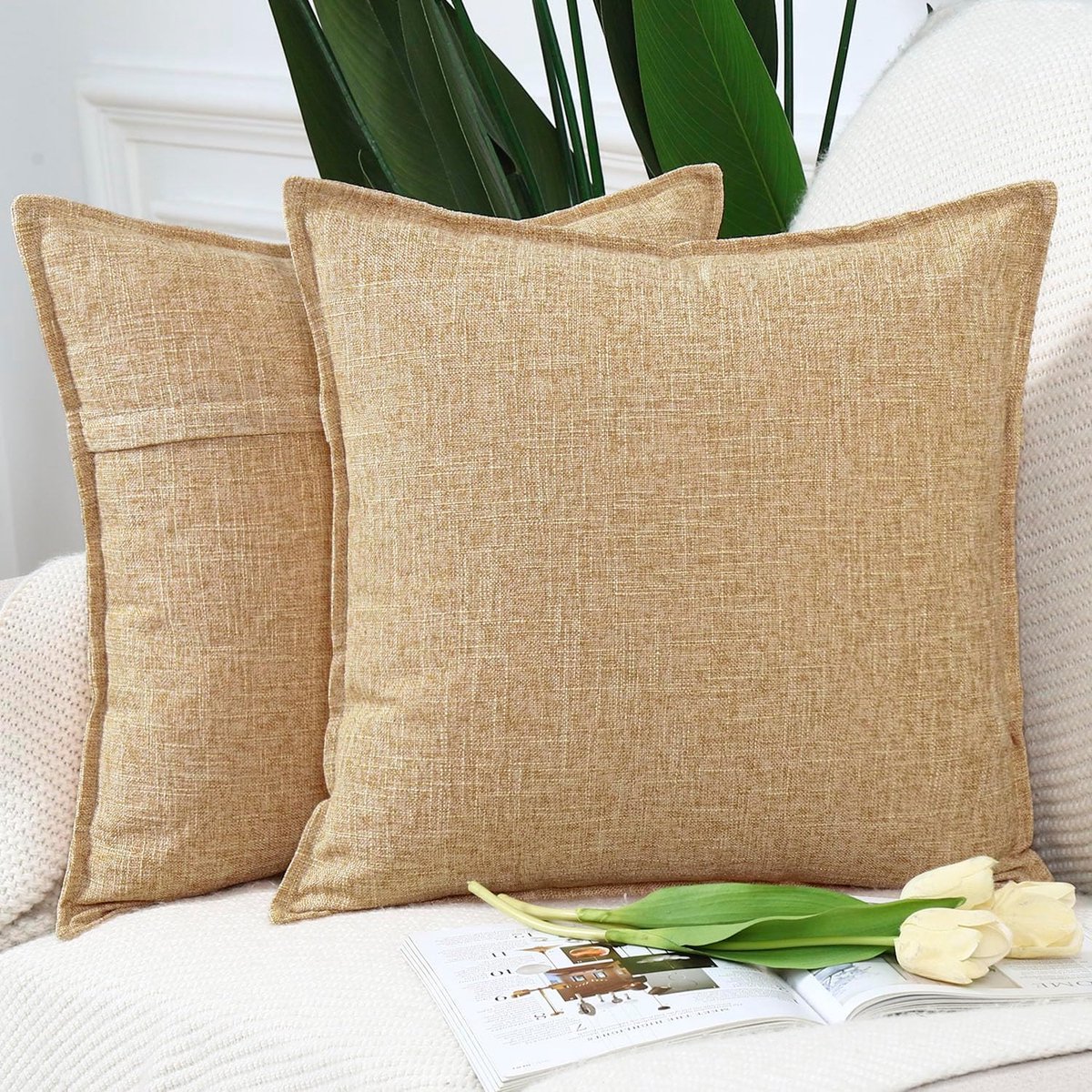 SnelShoppen - Set van 2 Beige Imitatielinnen Kussenslopen 60x60 cm Zachte Decoratieve Kussenhoes voor Sofa en Slaapkamer, Ideaal voor Woonkamer en Sla