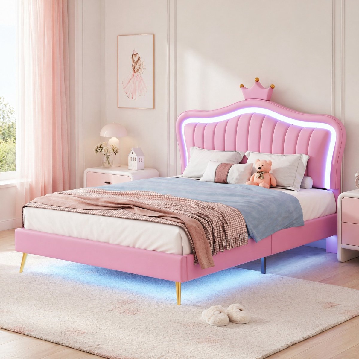 COVREO Bed 140x200 cm roze kunstleer met LED hoofdbord zonder matras