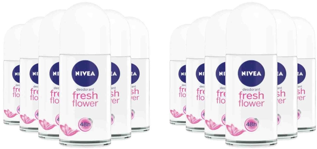 12 x Nivea - Deo Roller - Fresh Flower - 48 Uur Lang Werkend - 50 ml - NIVEA Fresh Flower Deodorant Roller - 48 Uur Bescherming - 0% Aluminium - Bloemige Geur - Huidverdraagzaam