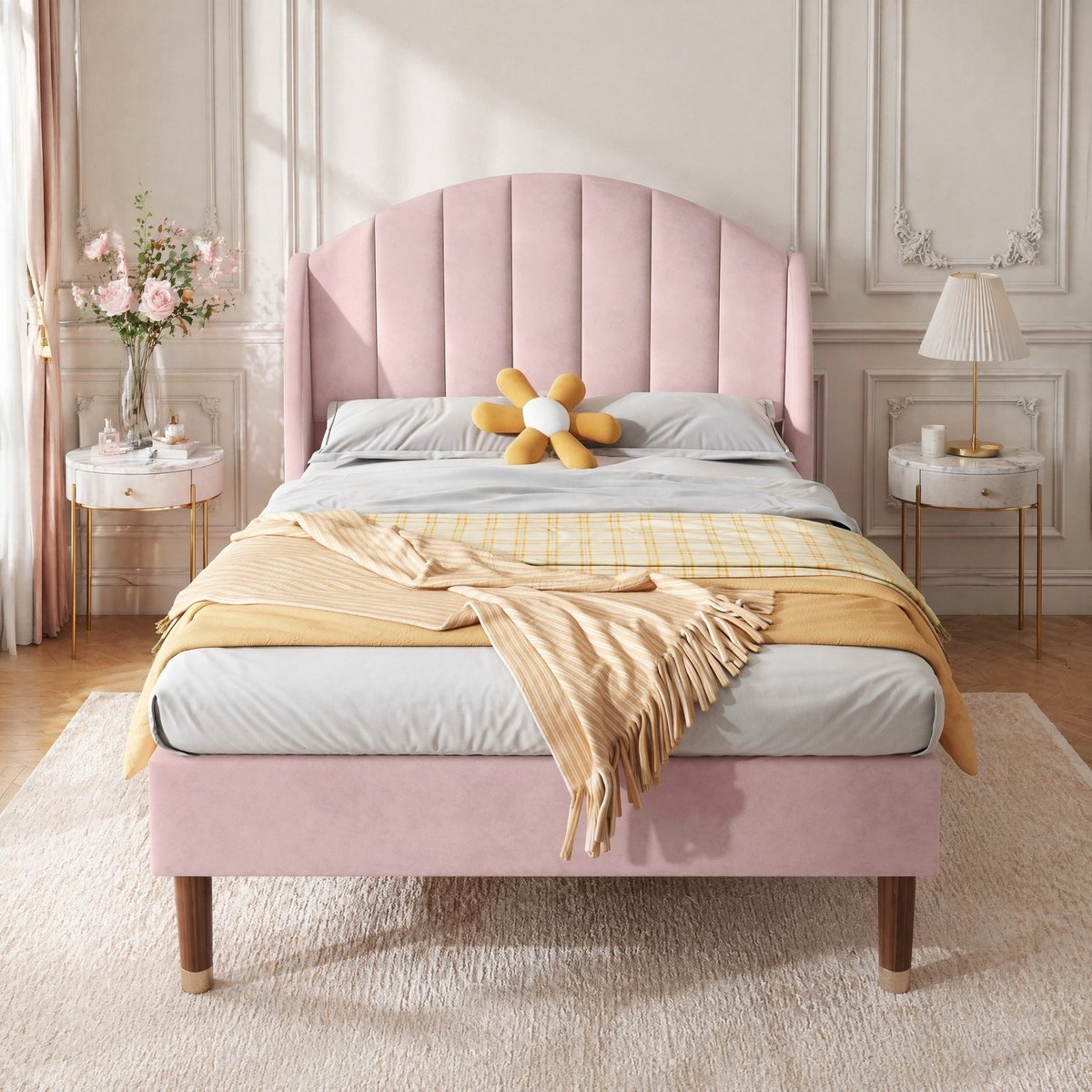 COVREO Bedframe 90x200 cm - roze velvet, lattenbodem, zonder matras