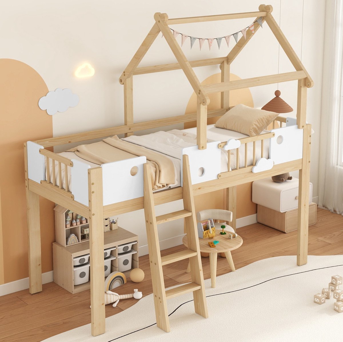 COVREO Bedframe 90x200 cm wit en naturel met dak en ladder zonder matras