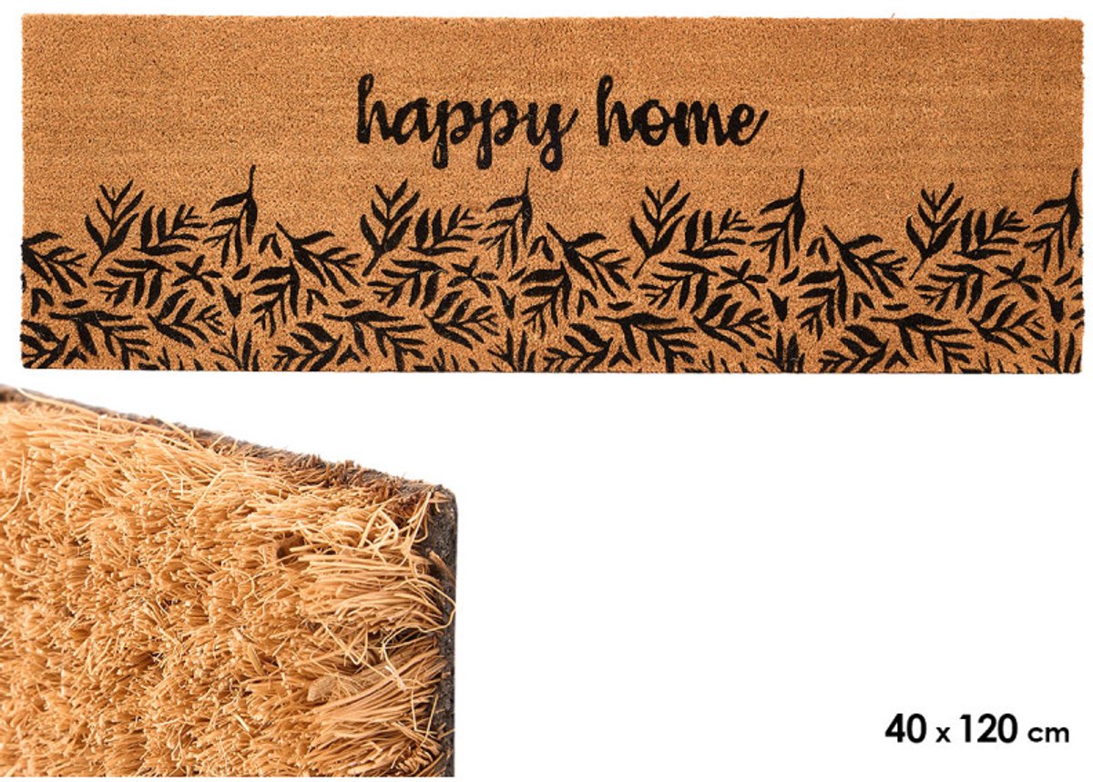 Deurmat XXL 40x120 cm - Kokosvezel met PVC Onderzijde - 1 cm Dik - Happy Home Opdruk - Schoonloopmat voor Brede Voordeur en Entree - Naturel