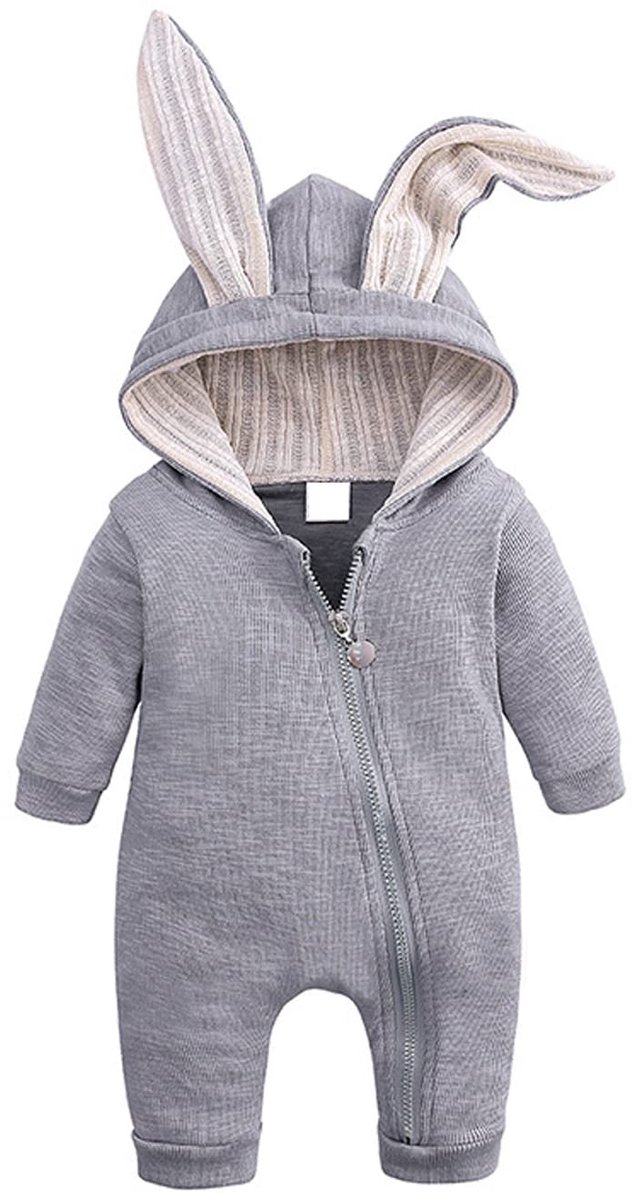 SnelShoppen - Pasgeboren Baby Jongen Meisje Konijnenoren Rits Romper Jumpsuit Lange Mouwen Warme Pyjama Kleding Grijs 80 9-12 maanden