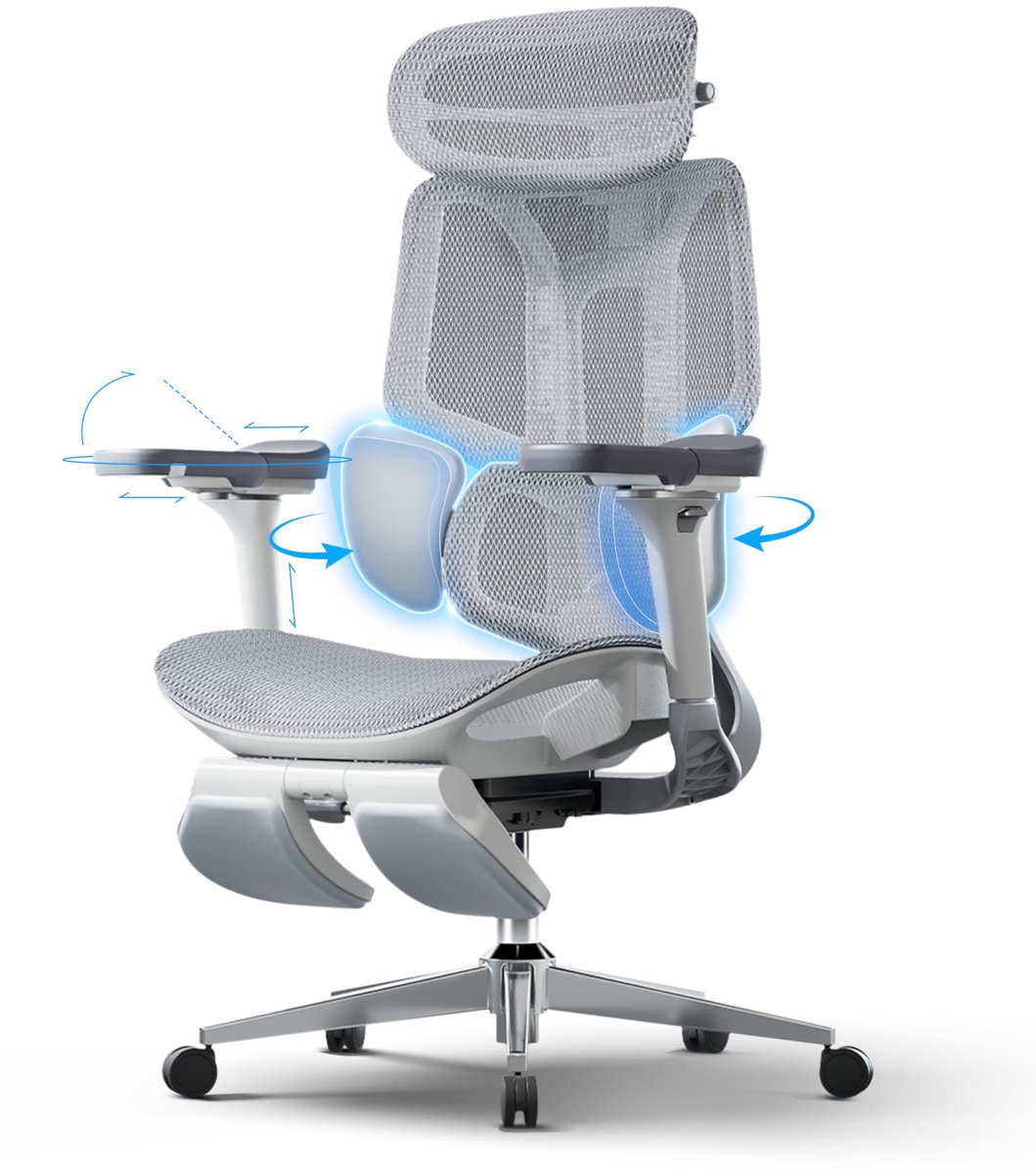 SnelShoppen - Ergonomische Bureaustoel Hbada E3 Pro met 3-zone Lendensteun, 6D Verstelbare Armleuningen, 4D Hoofdsteun en Voetensteun - Grijs voor Thu