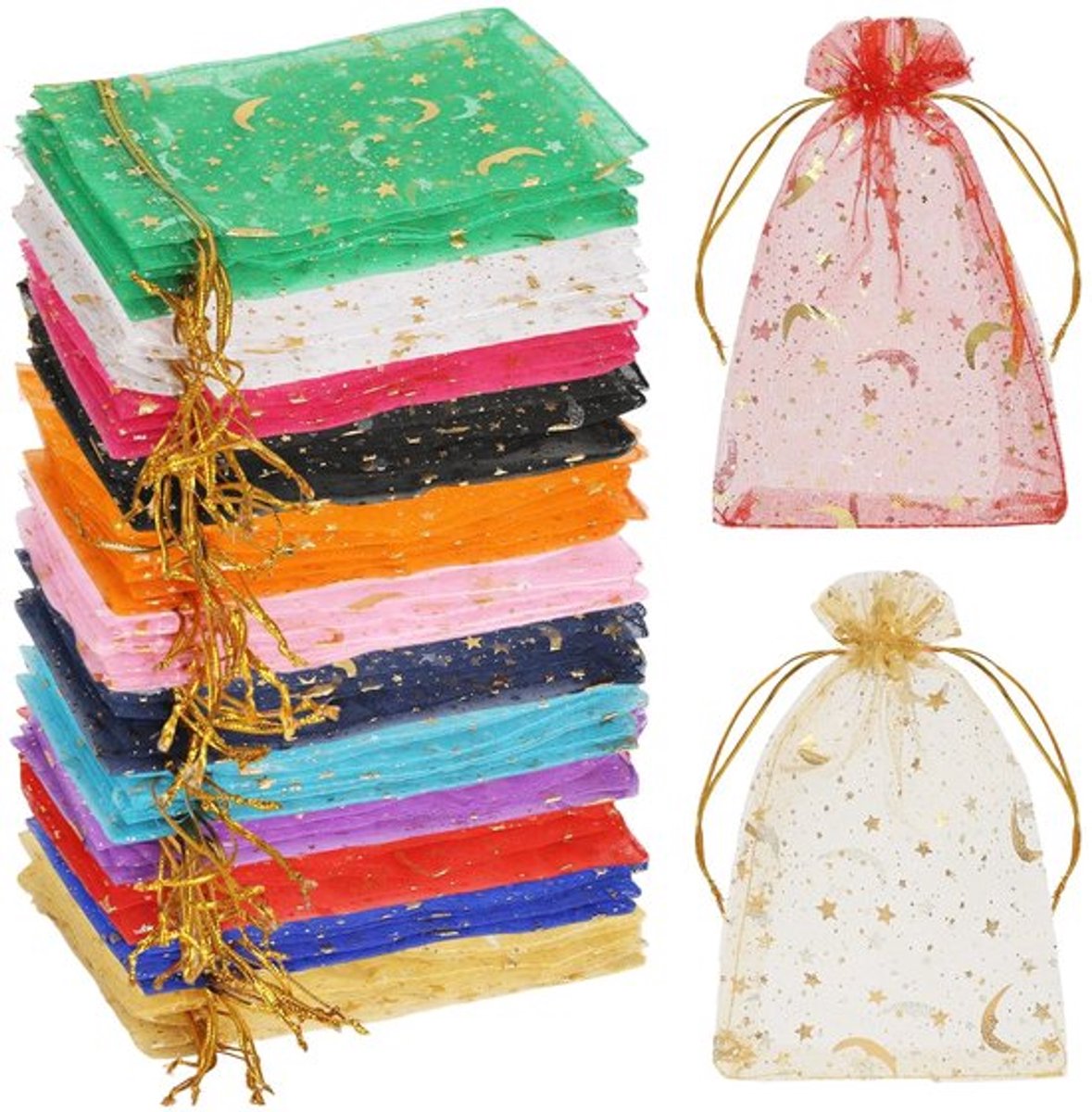 Organza Zakjes 15x10 cm - 120 Stuks - Cadeauzakjes - Sieradenzakjes - Met Trekkoord - Maan- en Sterrenmotieven