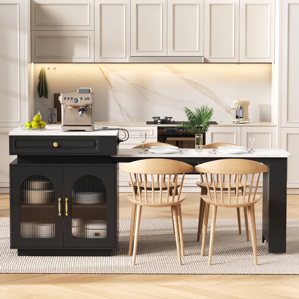 MEUNIQ uitschuifbare eettafel en keukenisland 128-200 x 71 x 92 cm met lade, kastdeuren van ribbelglas, open vakken, LED-verlichting en USB/Type-C, zwart