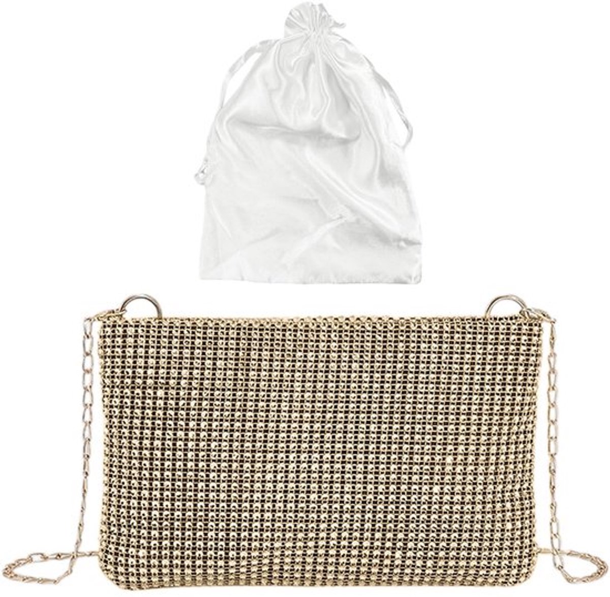 Clutch Goud - Handtas Dames - Schoudertas met Ketting - Avondtasje - Dust Bag - Polyester, 22x14 cm