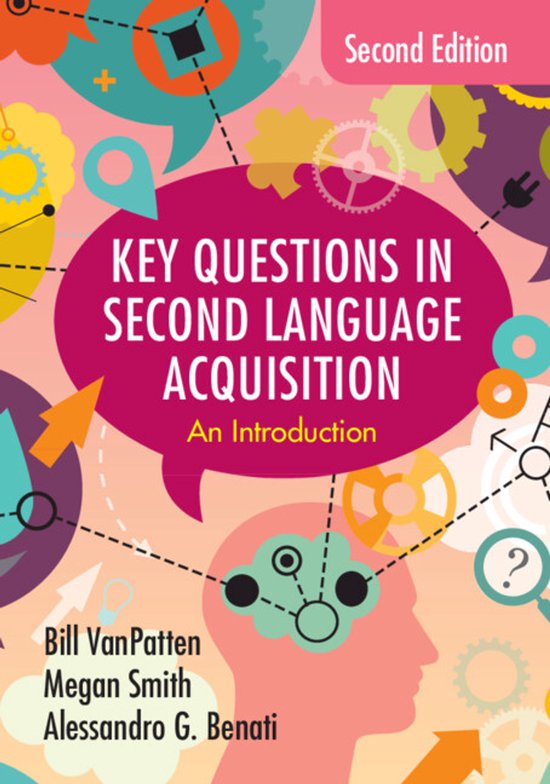 Boekomslag: Key Questions in Second Language Acquisition, met kleurrijke abstracte iconen en menselijk profiel.