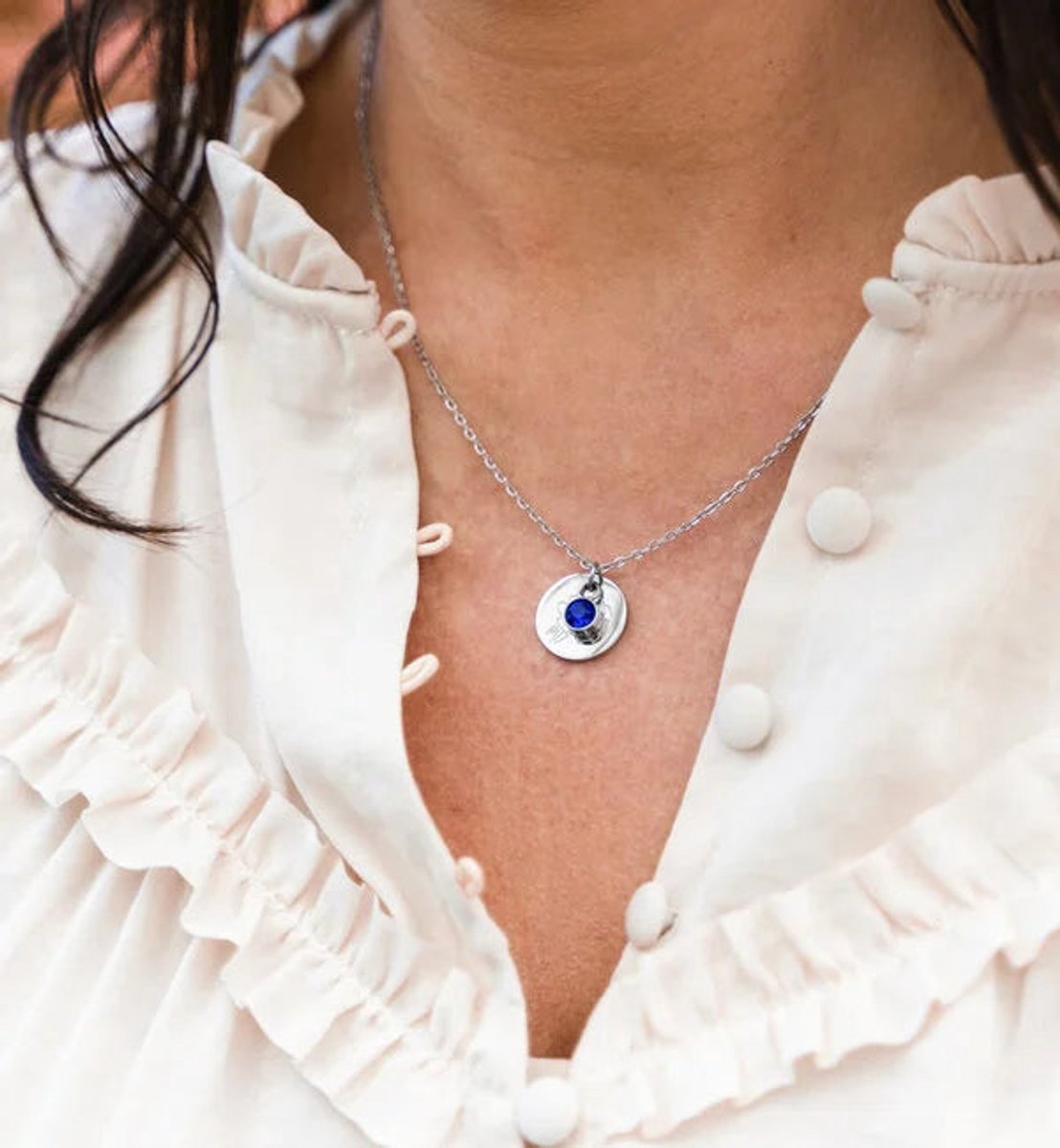 Geboortesteen Ketting met Verjaardagsbloem hanger - September - Pioenroos - Saffier - Zilver