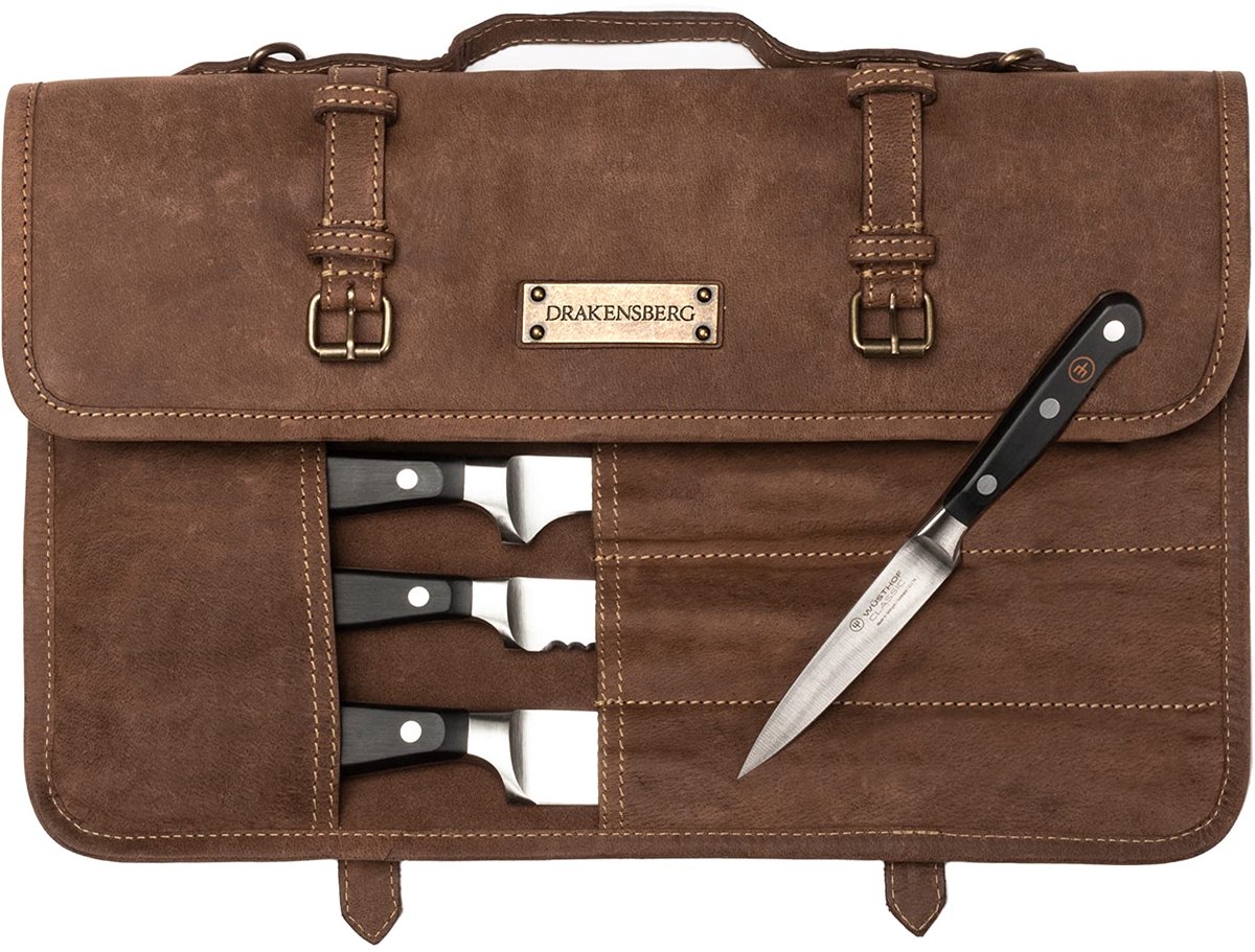 SnelShoppen - DRAKENSBERG Messentas 'Blade' - Duurzaam etui voor koksmessen, meesterhandgemaakt, echt buffelleer, Havanna-bruin, Large, voor professio
