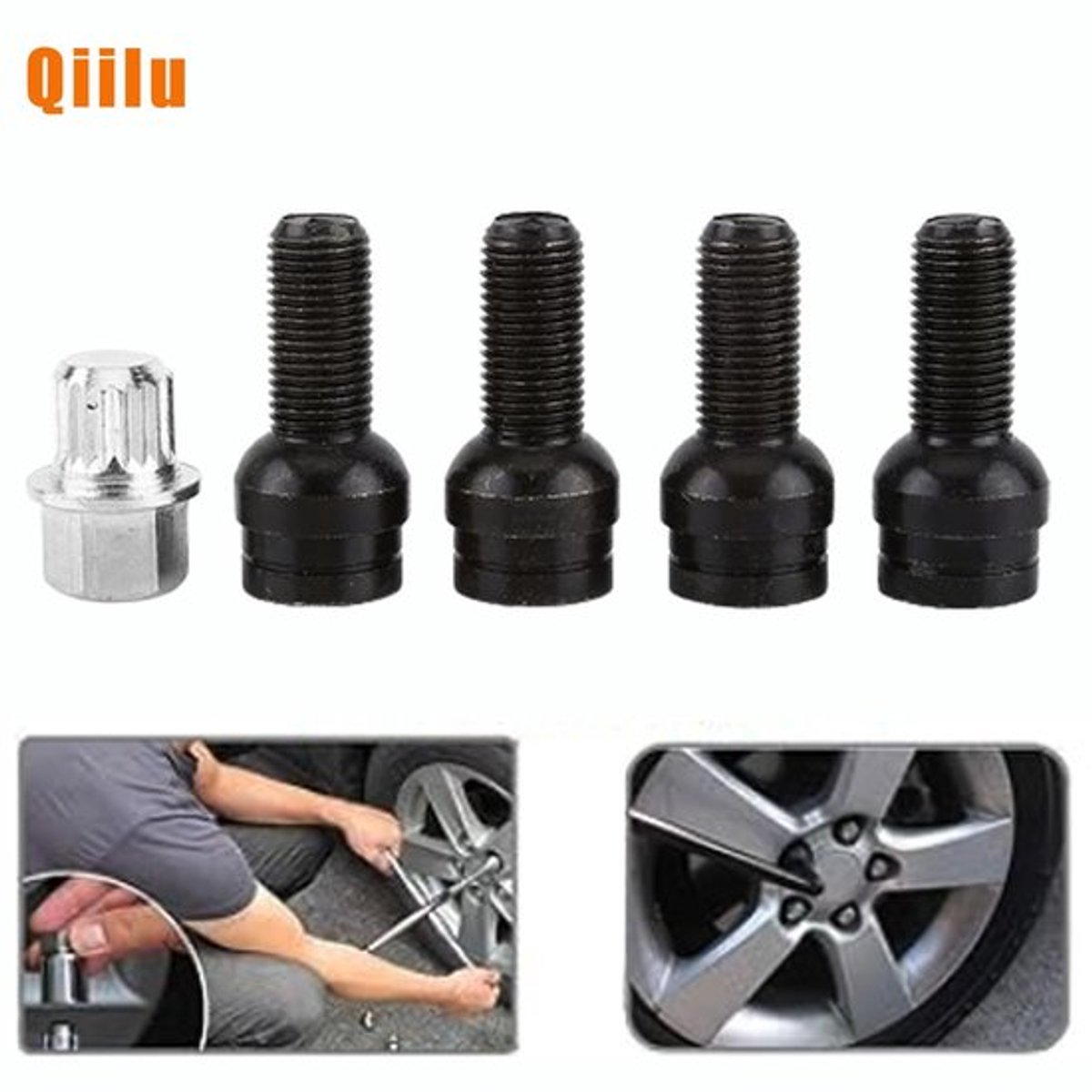 Wielbouten M14 x 1,5 mm - 4 + 1 Stuks - Zwart Staal - Borgmoer - Sleutel - Corrosiebestendig - Wielmoeren