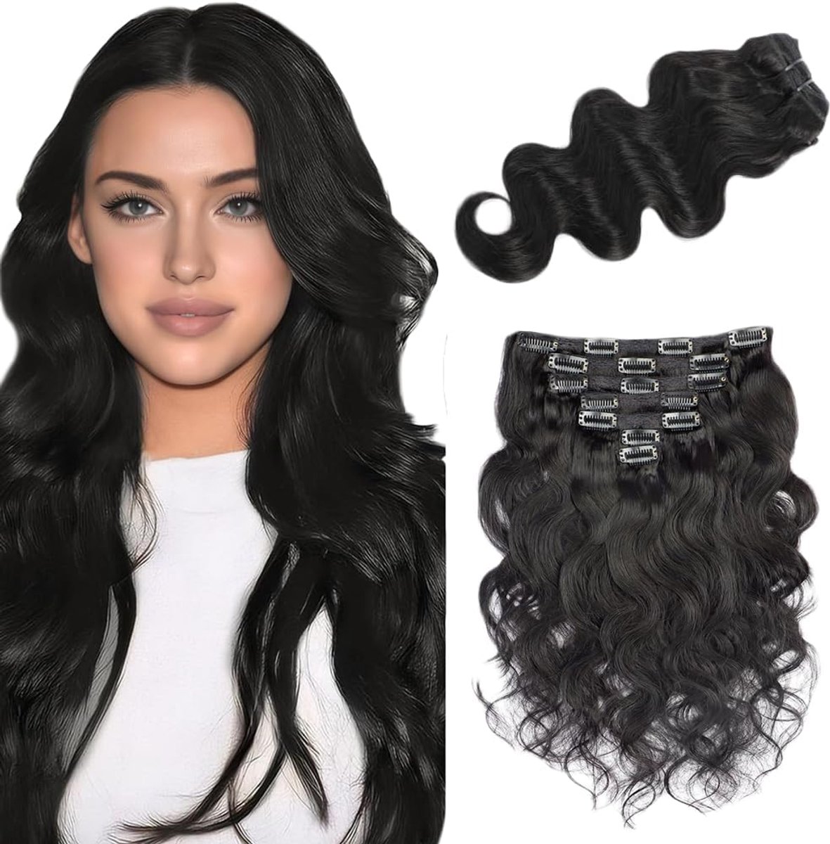 SnelShoppen - Body Wave Clip in Hair Extensions - Echthaar Unprocessed Brazilian Virgin Hair Weave #1B Natural Black - 22 Inch - 7 Stukken - 120g - Me
