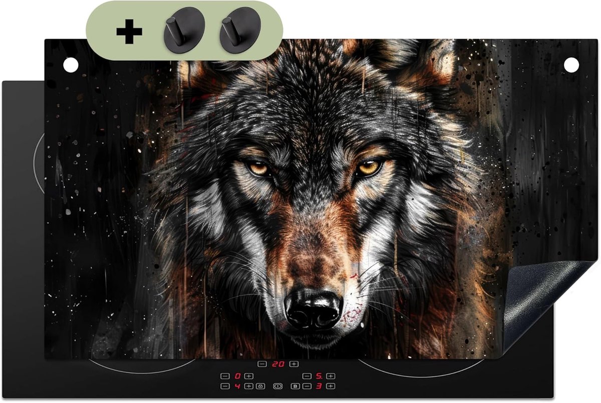 SnelShoppen - Inductie Hob Bescherming 52x90cm - Anti Slip Mat met Dieren Print - Wolf Portret - Keuken Decoratie - Zwart Bruin - Splash Guard