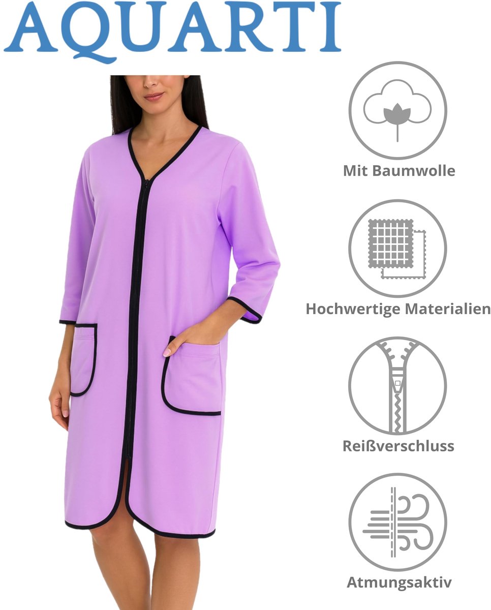 SnelShoppen - Dames Badjas met Rits 3/4 Mouwen, Lichte Paars, M, Comfortabele Kamerjas voor Thuis, Wellness, en Ontspanning