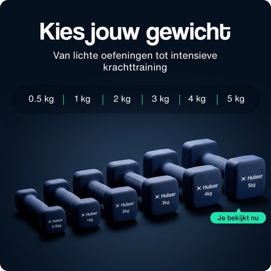 Reeks blauwe dumbbells van 0.5kg tot 5kg met neopreen coating.