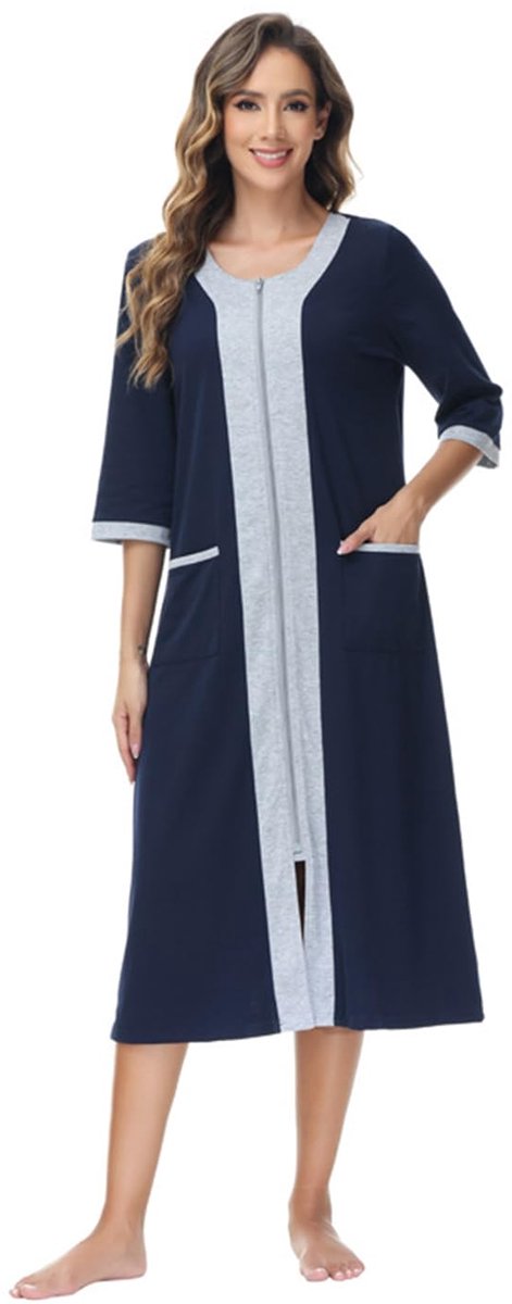 SnelShoppen - Vrouwen Rits Badjas Volledige Zip Nachtkleding Half Mouw Loungewear Ronde Hals Kleurblok Lounge Nachtjapon met Zakken, Donkerblauw, Maat
