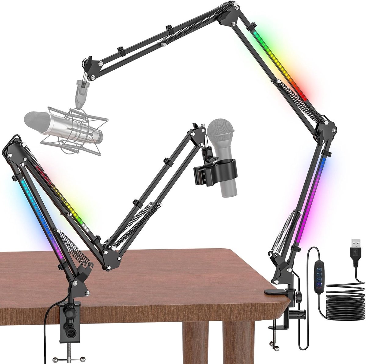 SnelShoppen - Desk Microphone Boom Arm met RGB Licht - Verstelbare Microfoonhouder voor TikTok Live Streaming, Gaming, ASMR - 3/8" naar 5/8" Schroefdr