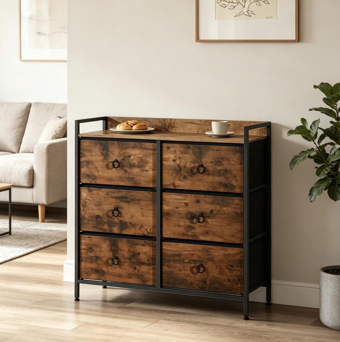 DESMIU Dressoir - Ladekast Met 6 Lades En Opbergruimte - Voor Slaapkamer Woonkamer En Hal - Hout Metaal En Stof - 80x29x78 Cm - Zwart Bruin Rustiek bruin