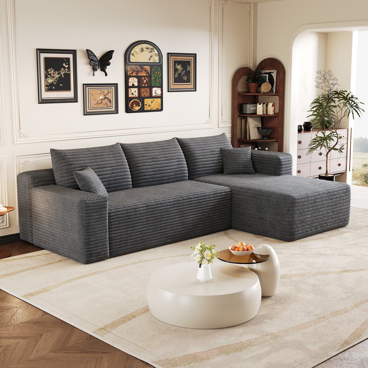 OKWISH Hoekbank 241 Cm - Moderne L-Vorm Met Rechterhoek En Diepe Zitting - Direct Klaar Voor Gebruik - Ribstof - Donkergrijs