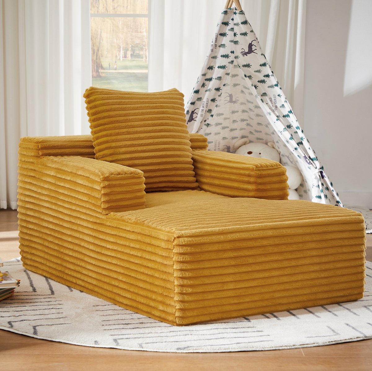 OKWISH Chaise Longue 117 x 81 x 50 cm - 1-Zits Moderne Relaxstoel En Slaapsofa Zonder Montage - Ribstof - Geel