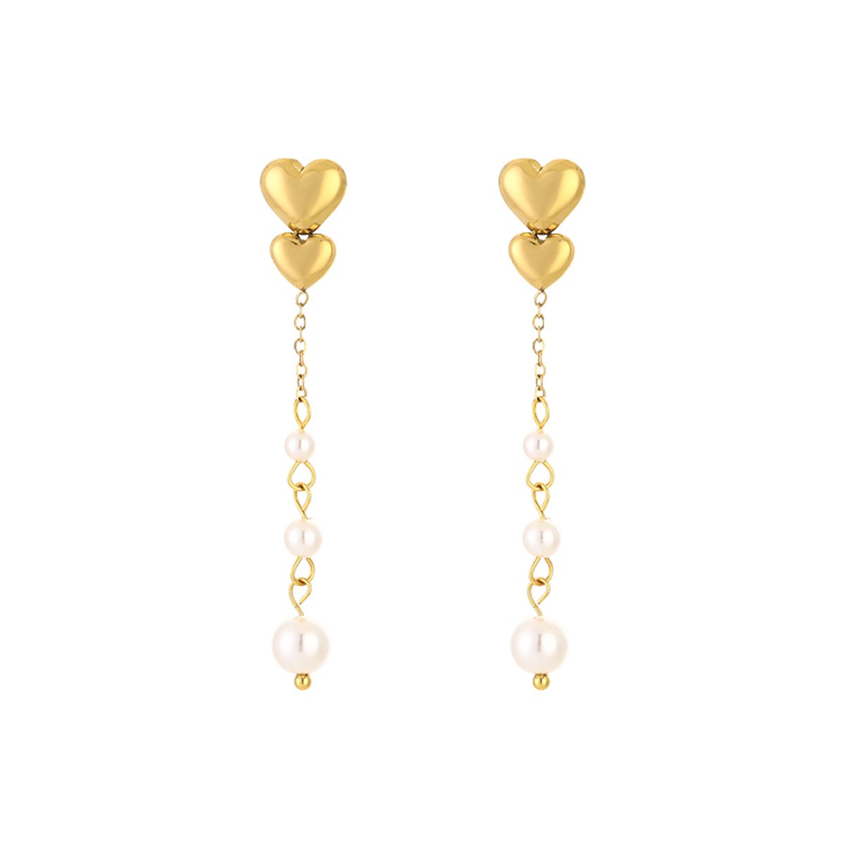 Stainless Steel Double Heart Pearl Chain Earrings – Luxe Dubbel Hart Oorbellen 5 cm – RVS - Goud
