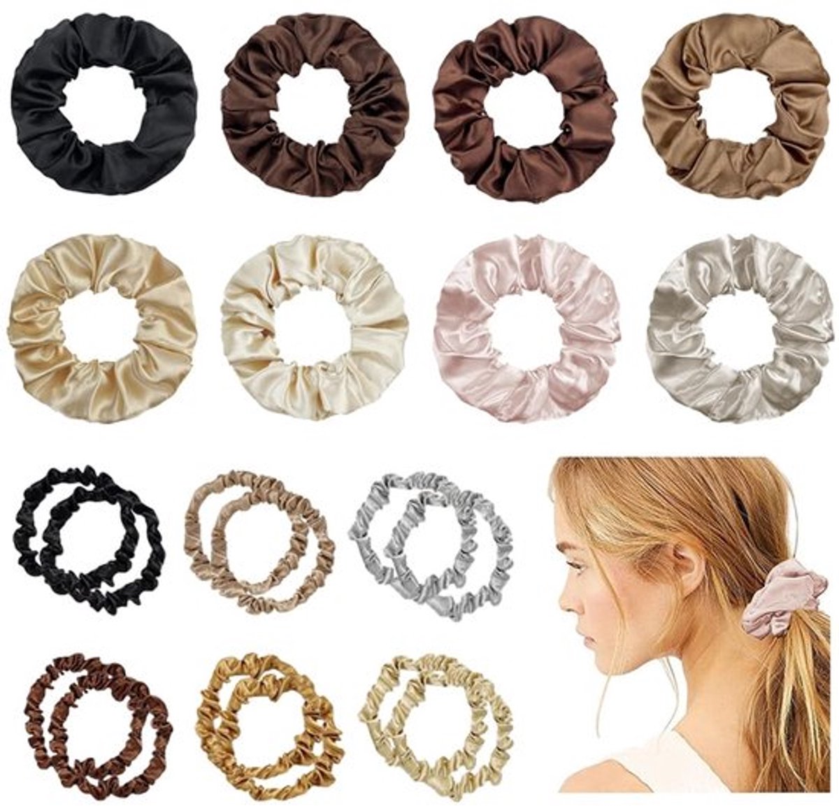 Haarscrunchies Set van 20 - Satijnen Elastische Haarbanden - 12 Kleine/8 Grote Scrunchies - Diverse Kleuren - Zacht en Comfortabel - Haarband