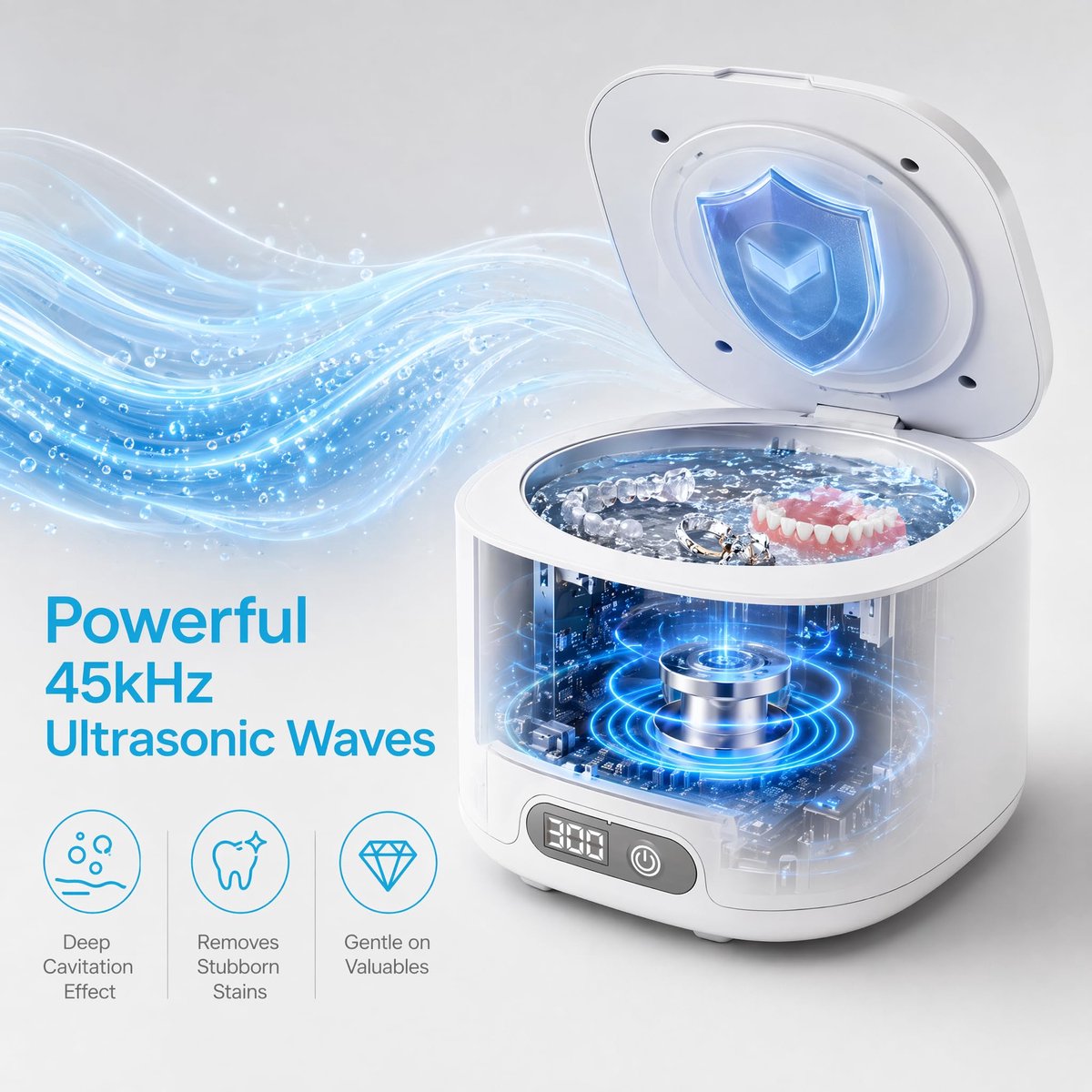 SnelShoppen - Ultrasoon Reinigingsapparaat 340 ml, 48 kHz, Draagbare UV Ultrasone Reiniger met 4 Modi voor Tandspalk, Retainer, Aligners en Prothesen