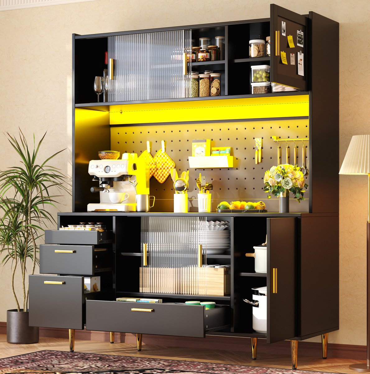 DESMIU Keukenkast - Buffetkast Met Ledverlichting En Glazen Schuifdeuren - Voor Keuken En Eetkamer - MDF En Metaal - 140x40x180 Cm - Zwart