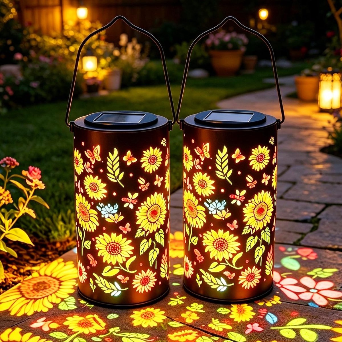 Set van 2 Waterdichte Retro LED Zonne-Lantaarns voor Tuin en Patio - Hanglampen met Zonne-