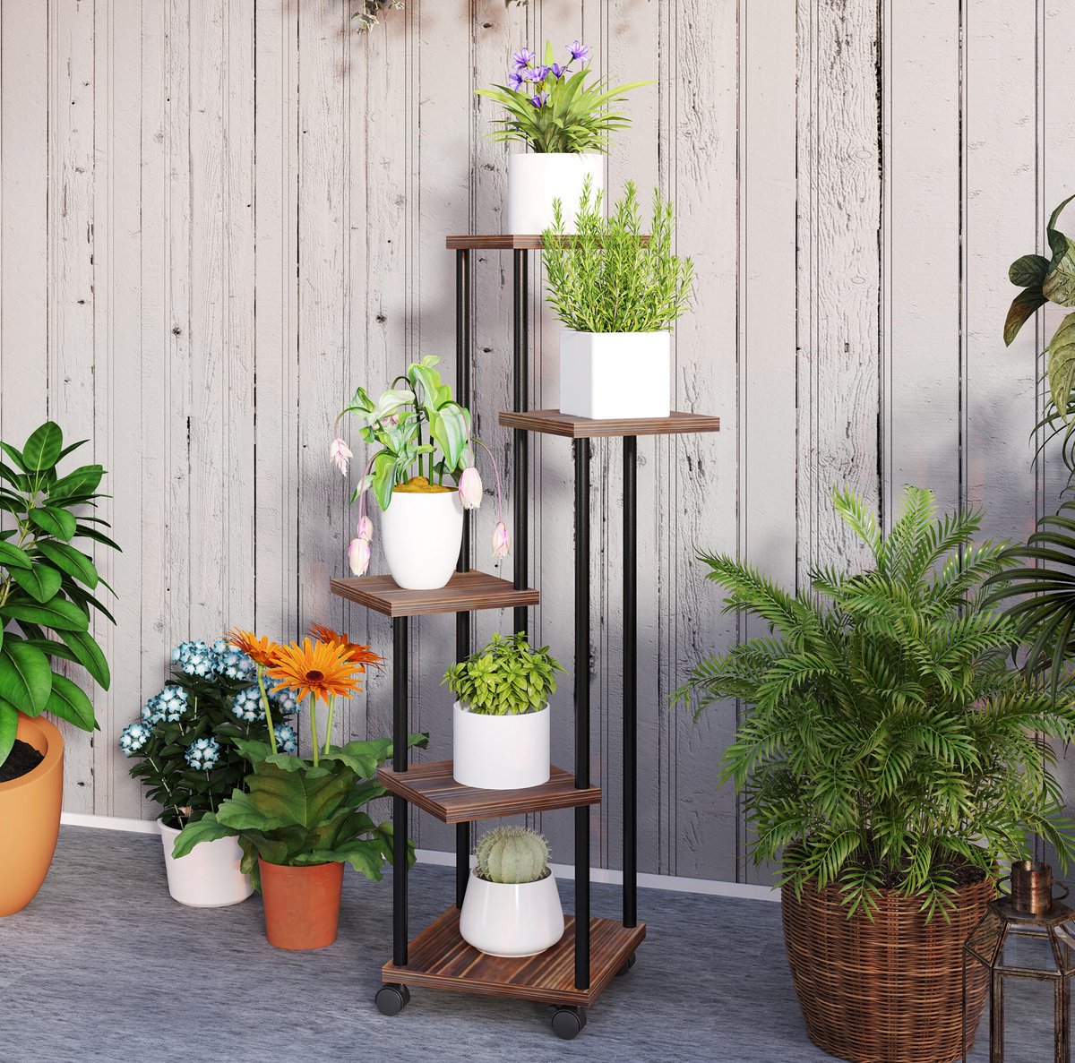 HAUSS SPOLE Plantenrek – 5 Niveaus Met Wielen – 59 x 59 x 110 cm – Staal En Hout – Zwart – Voor Binnen En Buiten – Ruimtebesparend