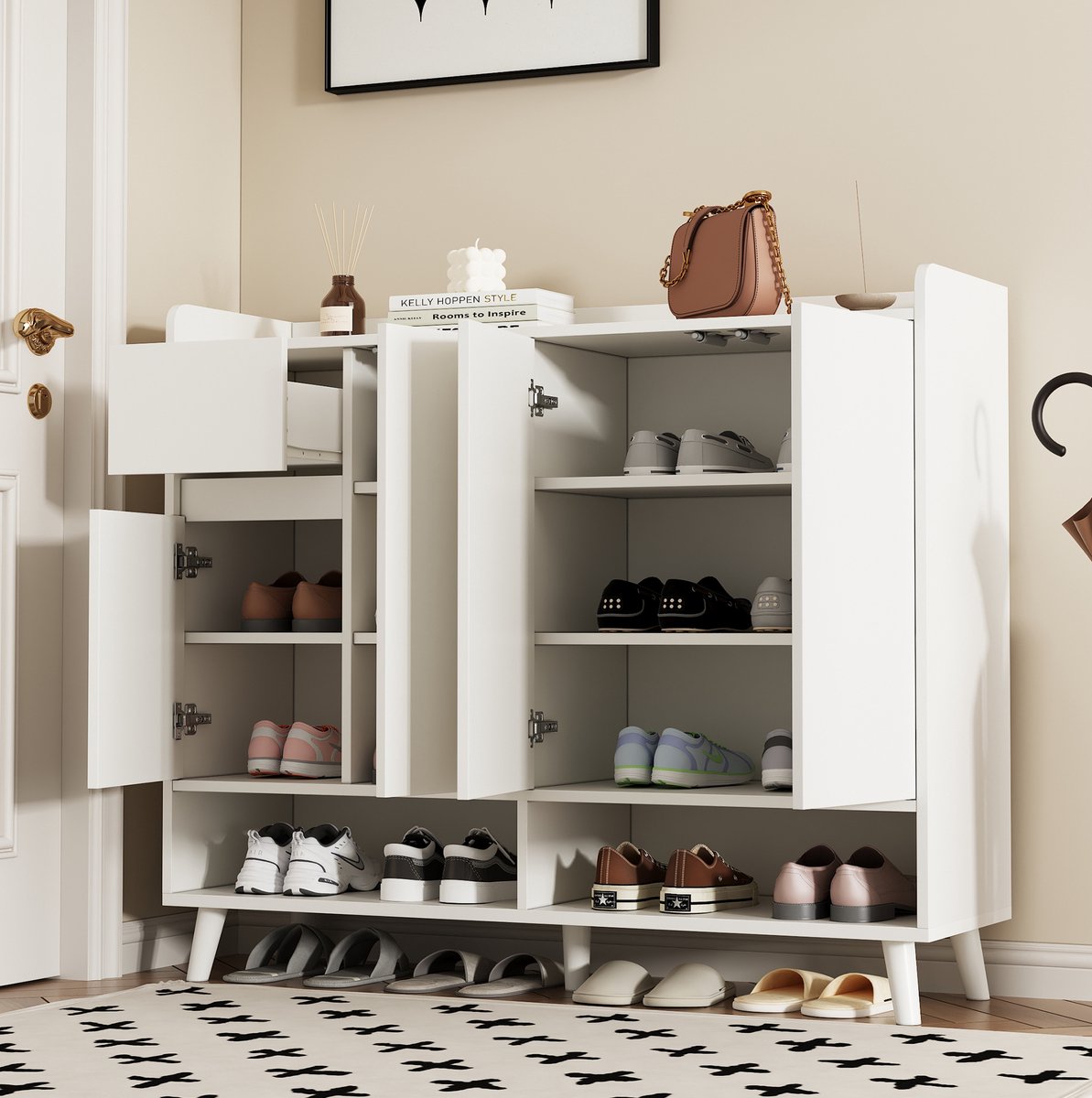 COVREO Schoenenkast 120 x 35 x 99 cm - wit spaanplaat, 4 deuren, 1 lade, verstelbare plank