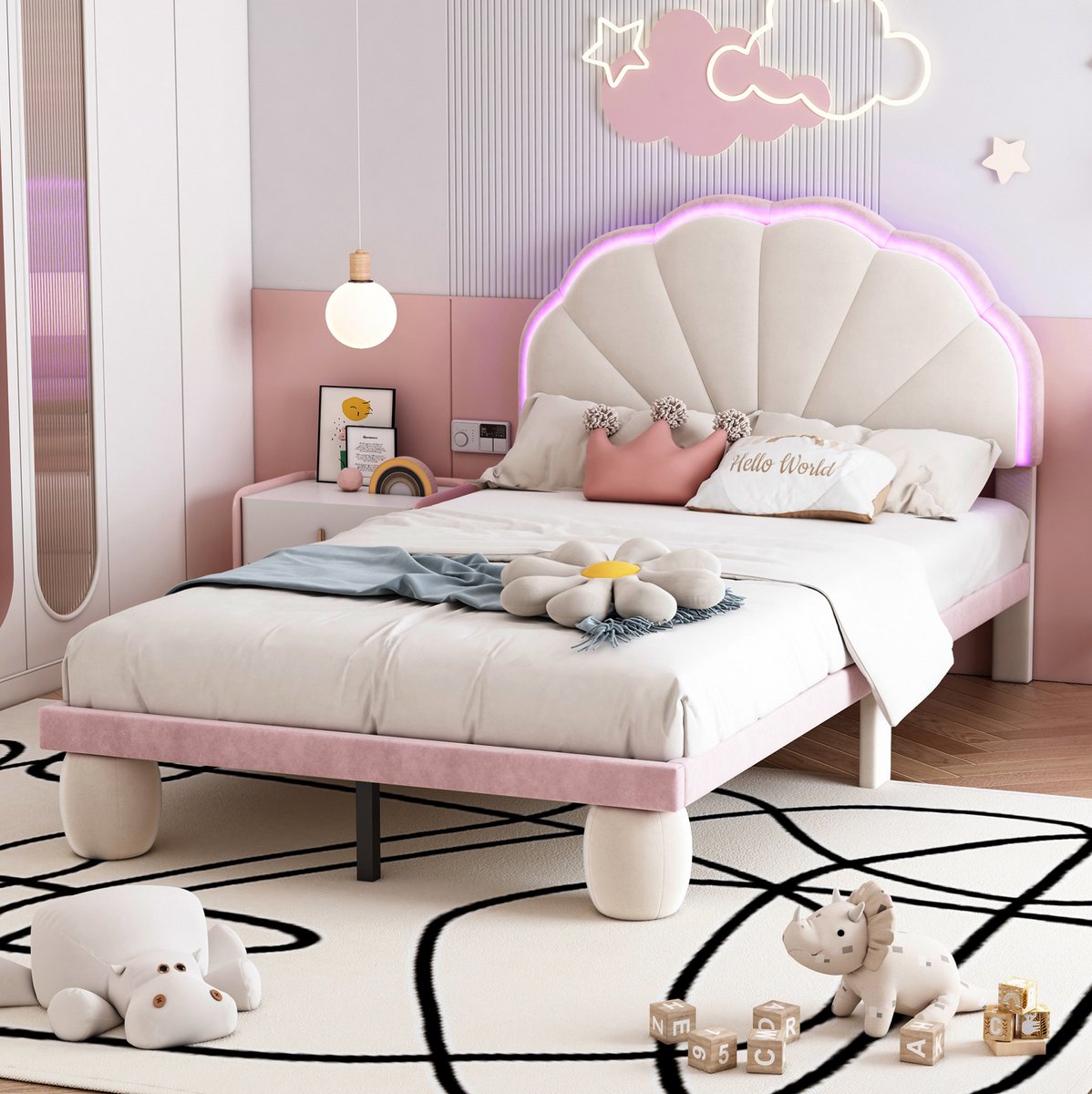 COVREO Kinderbed 90x200 cm - beige roze, velvet, LED verlichting, lattenbodem
