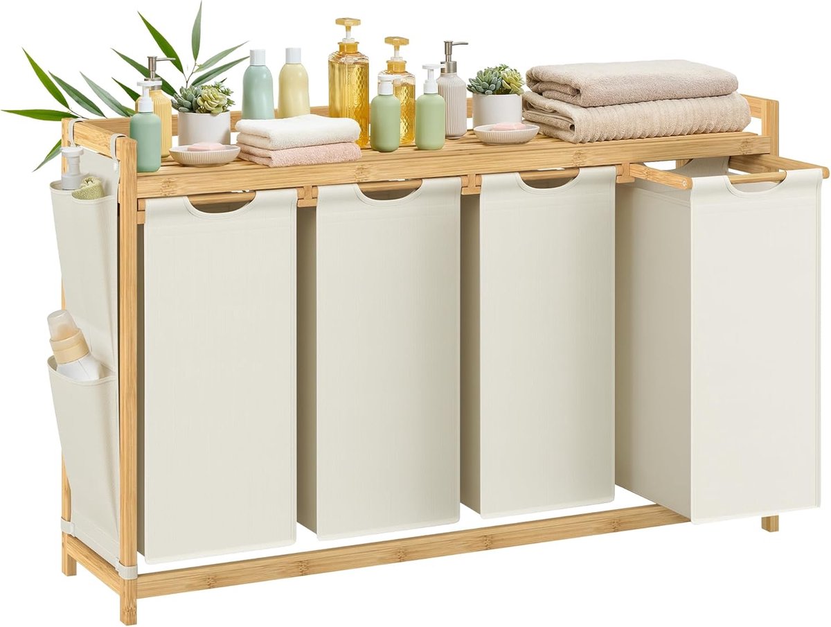 Conway Living® Wasmand 4 vakken – wassorteerder - wasmanden - wasbox - wasmand hout - wasmand - wasmanden bruin - 200 liter - 4 x 50 L - 4 zakken - uitschuifbaar met plank - 125 x 33 x 78 cm