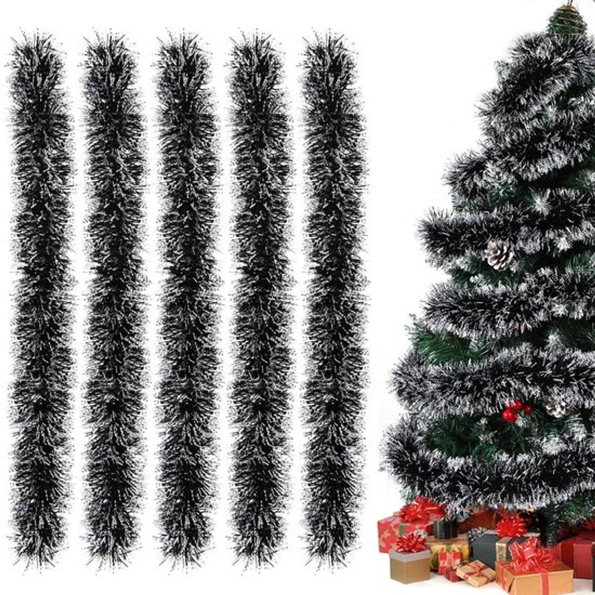 5 Stuks Zwarte Lametta Slinger voor Kerstdecoratie