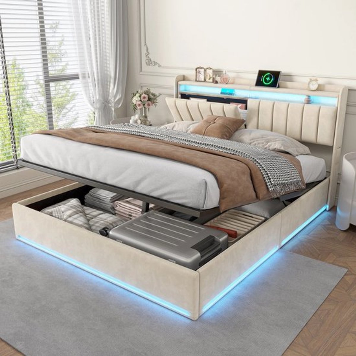 Gestoffeerd bed met LED-verlichting en USB-oplader 90/140/160x200cm, modern opbergbed met 