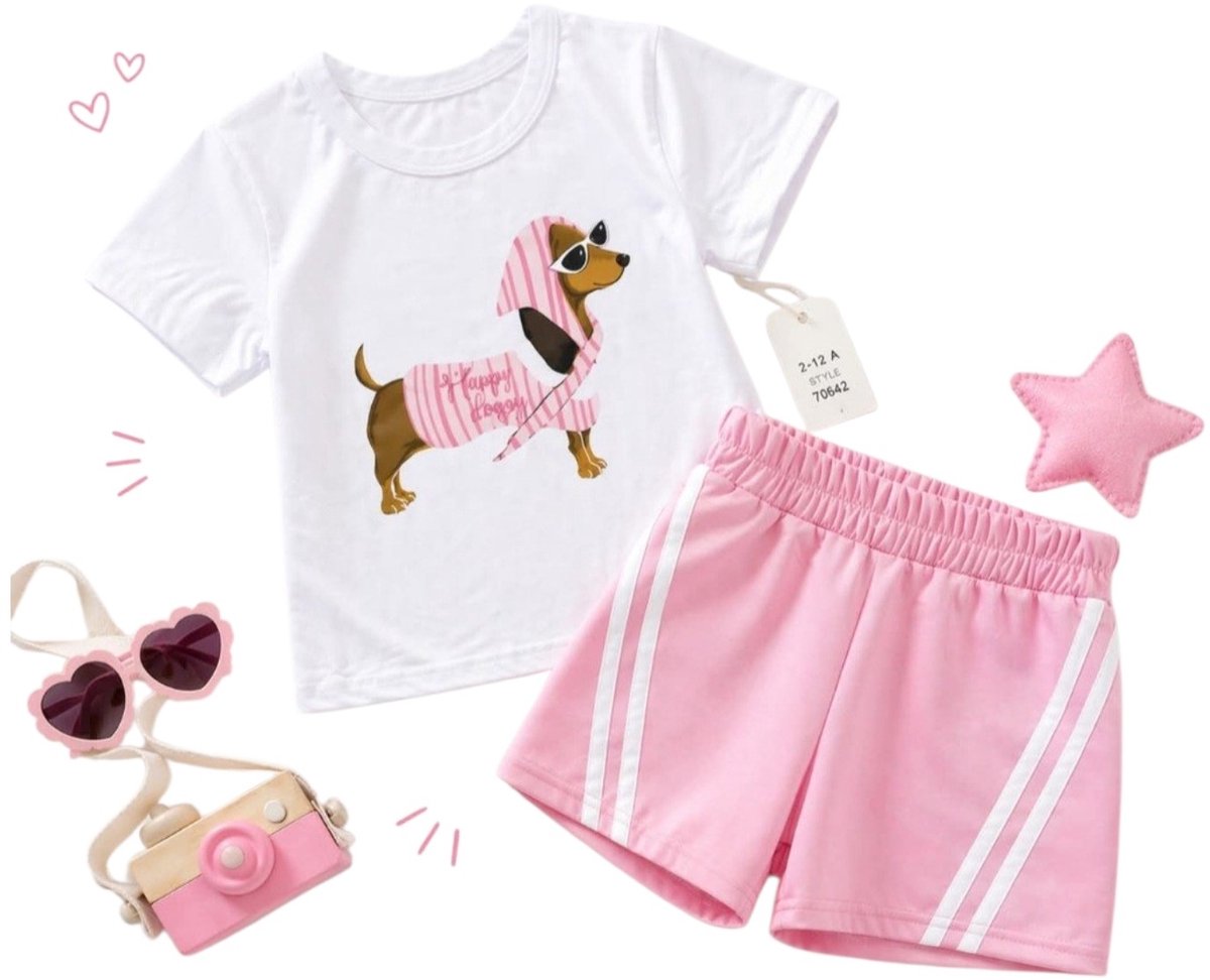 Vrolijk meisjes setje met een wit t-shirt met een lief hondje en roze Maat 122/128