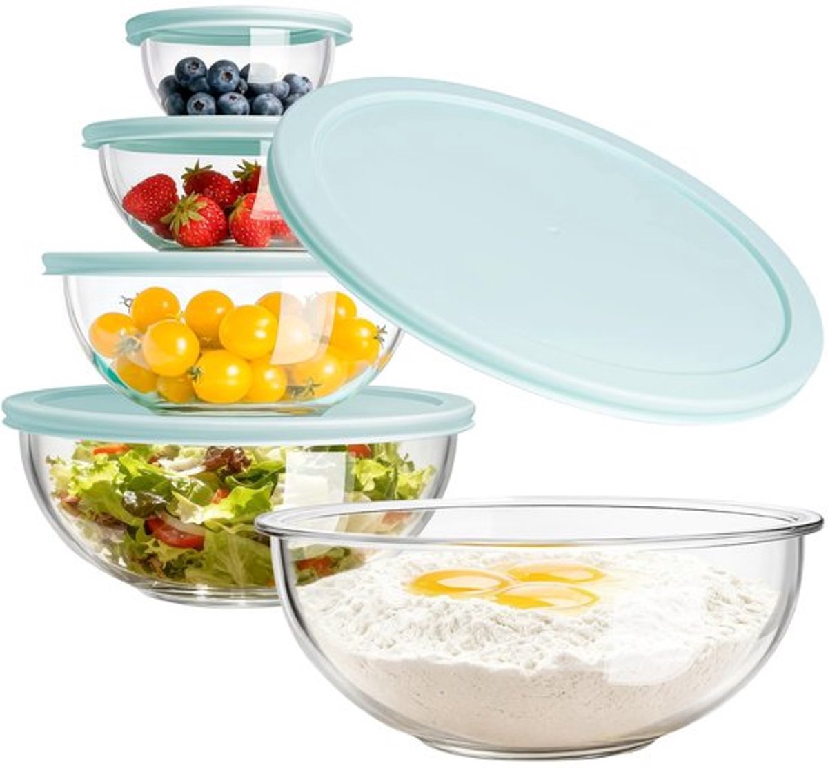 Mengkommen Set van 5 - Hoog Borosilicaat - Luchtdicht - BPA-vrij - Antislip - Stapelbaar - Max. Temperatuur -20 °C tot 560 °C - Opslagkommen