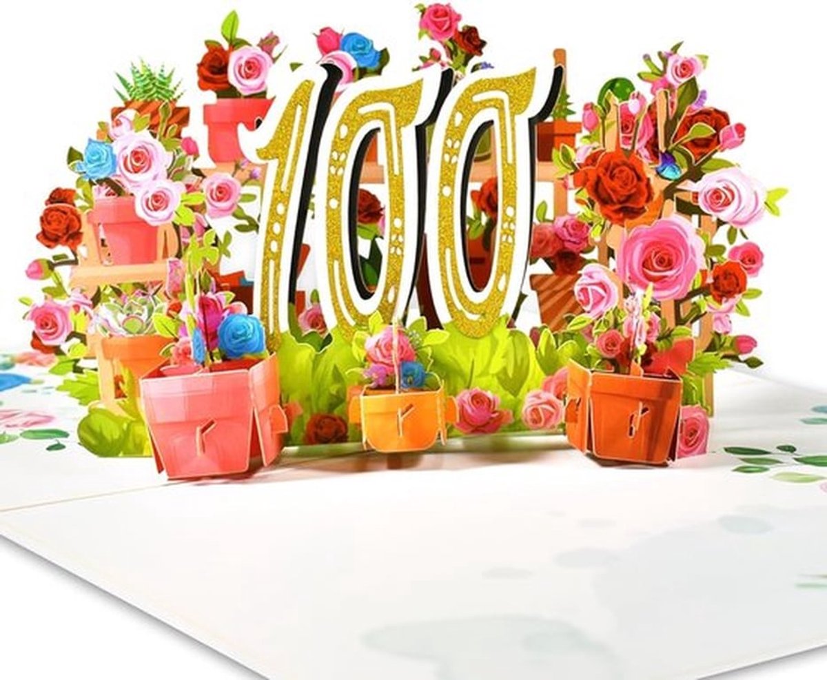 SnelShoppen - 100e Verjaardag Kaart, Pop Up Kaart voor 100e Verjaardag, 3D Bloemen Verjaardagskaart, Vrouw, Moeder, Echtgenote, Vrienden, Romantisch,
