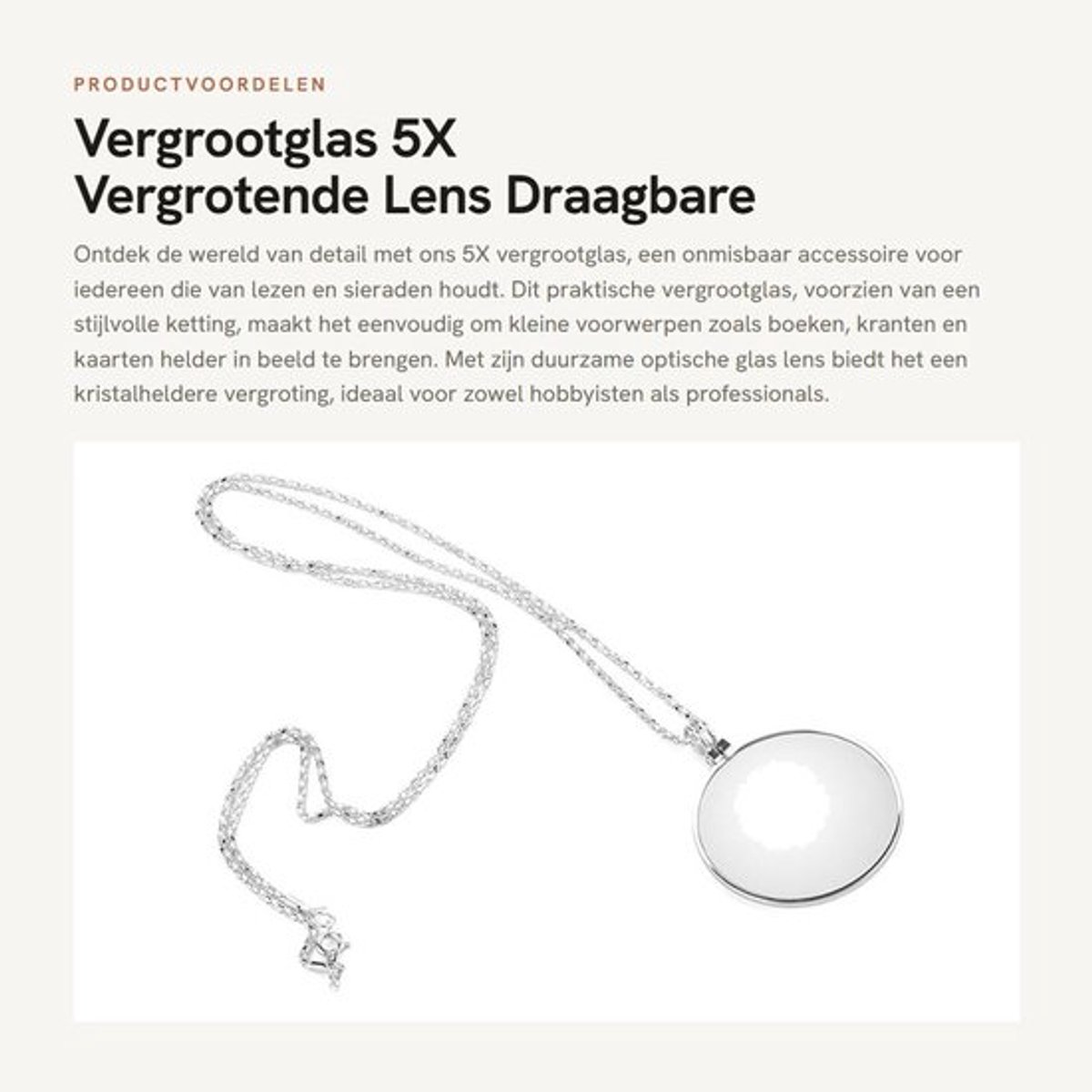 Vergrootglas 5X - Draagbaar - Ketting - Optisch Glas - Duurzaam - Voor Lezen en Inspectie - Loep