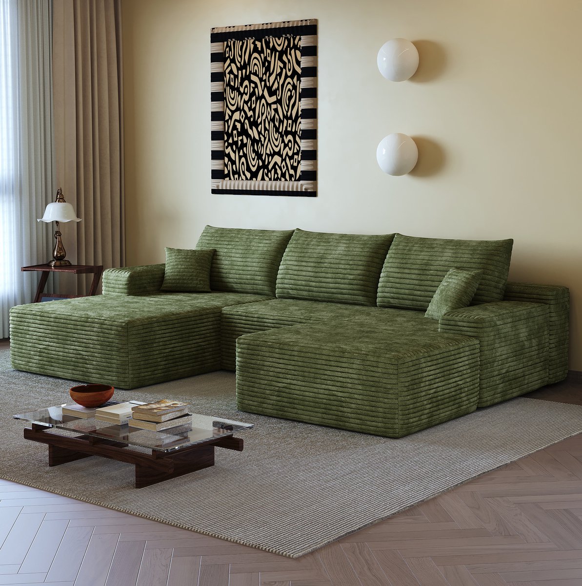 OKWISH Hoekbank - 4-Zits Modulaire Bank met L-Vormige Chaise Longue - Geen Montage Nodig, Diepe Zitting - Woonkamer of Slaapkamer - Corduroy Stof - Groen