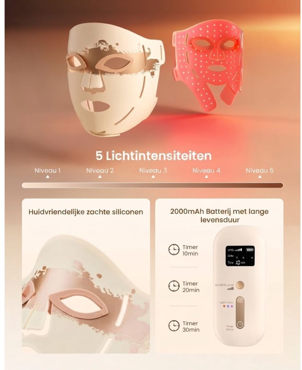 SP® LED Gezichtsmasker - Oplaadbaar LED Masker - LED Verlichte Gezichtsmasker - Beige - 33cm x 30cm x 5cm
