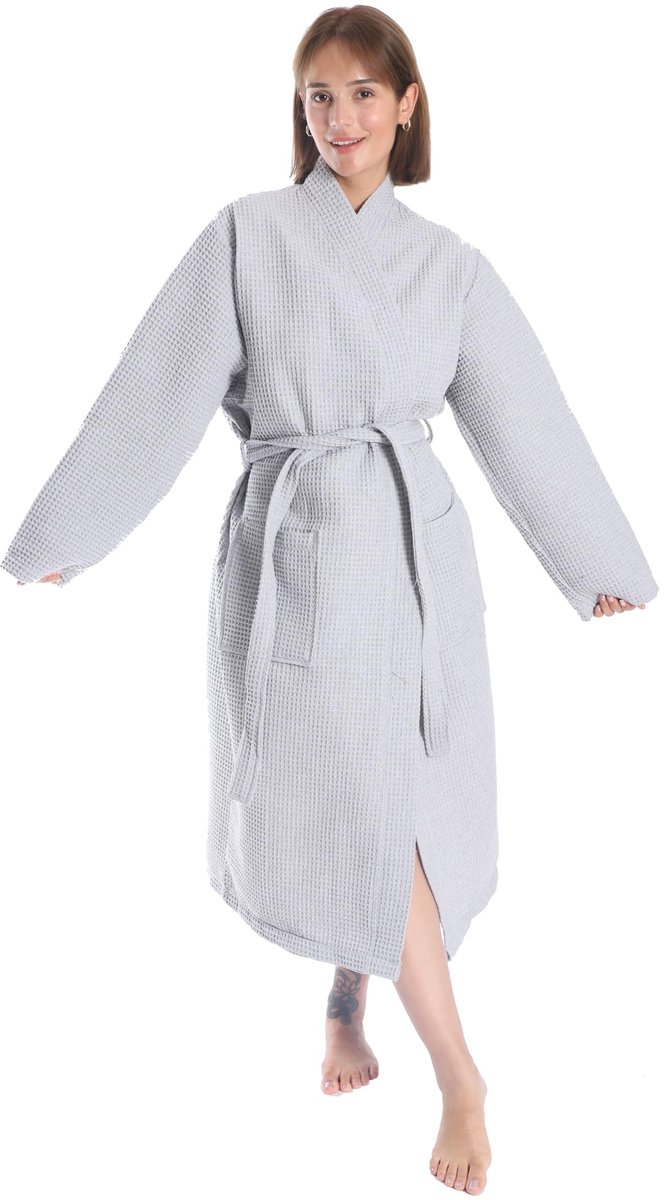 SnelShoppen - Badjas 100% Katoen Wafelstof Reisbadjas voor Dames en Heren, Zacht, Absorberend, Licht, Spa Badjas Zilvergrijs XL