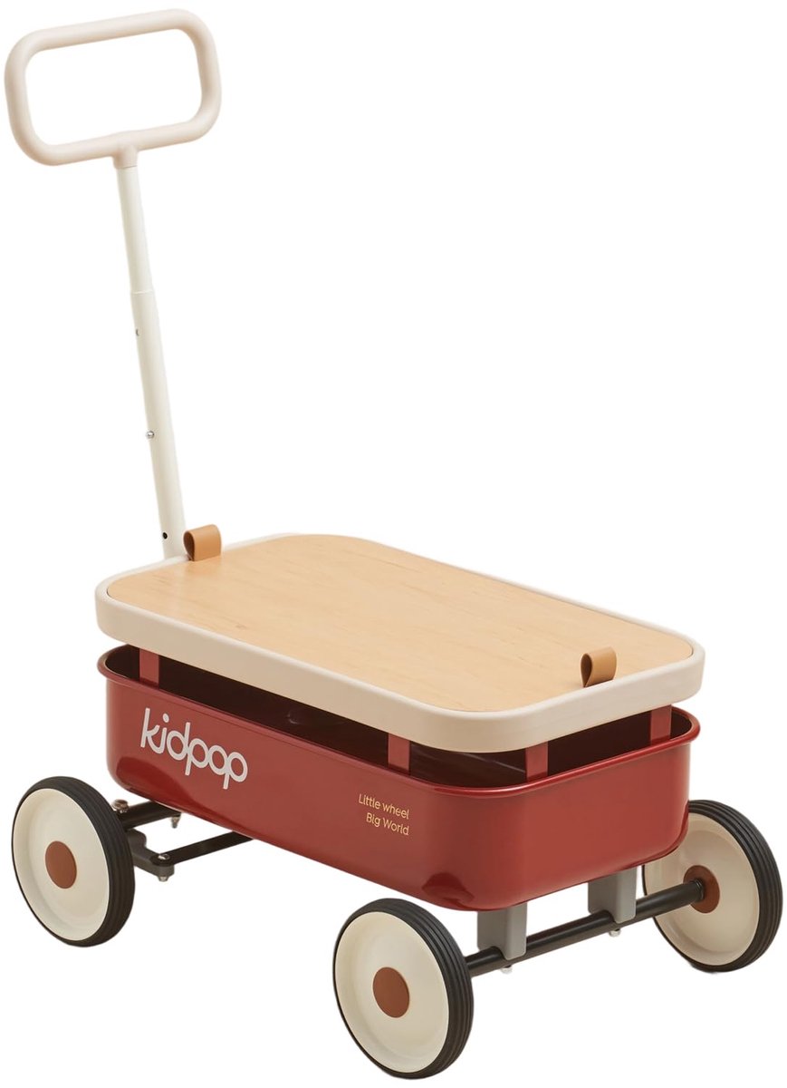 SnelShoppen - Kidpop PULA-Wild Handwagen voor Kinderen 3-in-1, Verstelbaar Stuur, Afneembare Houten Hoes, Rood, Leeftijd 2,5-8 Jaar, Verjaardagscadeau
