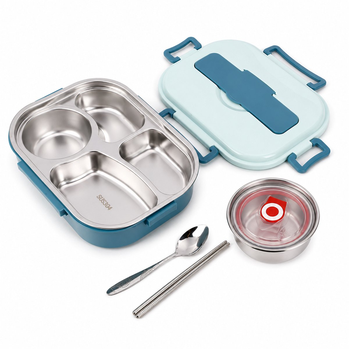 VHV - Lunchbox met 4 Vakken - RVS Bento Box met Soepkom, Lepel en Eetstokjes - Voor Werk en School - Blauw