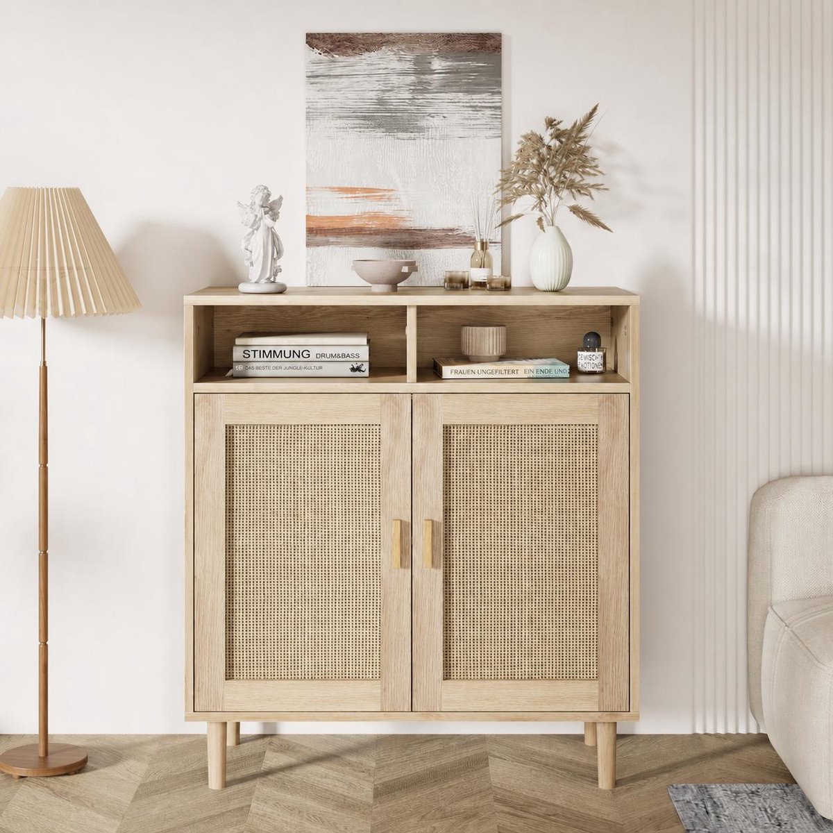 Modern rotan dressoir – 4 deuren met opbergplanken, 160 cm zijbord voor eetkamer, keuken, woonkamer en entree, boho landelijke barkast, leverbaar per stuk of set van 2 stuks