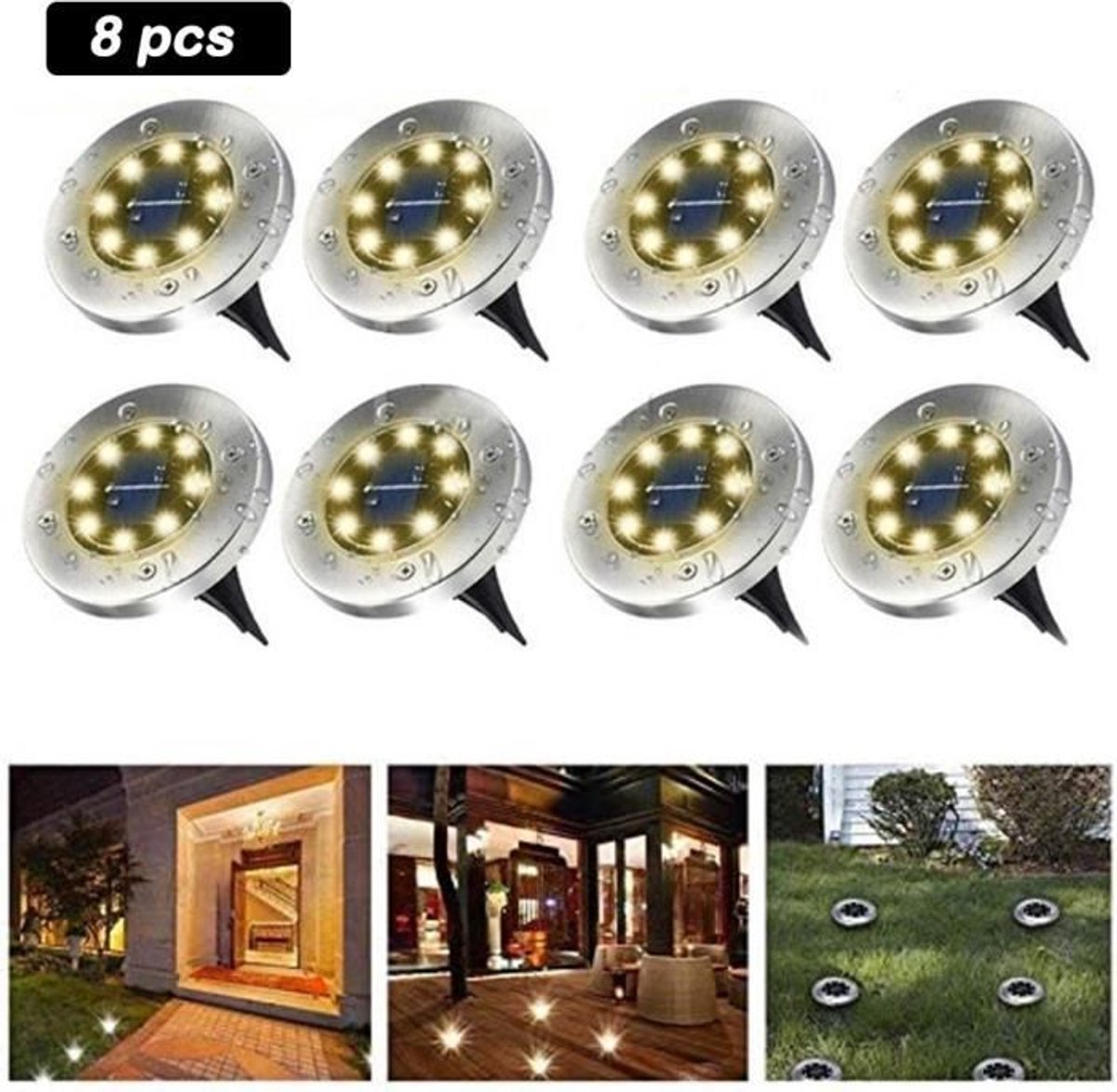 Set van 8 solar tuinlampen met 8 LED's – Warmwitte solar grondlampen, Geschikt voor buiten, tuinen, terrassen en gazons.